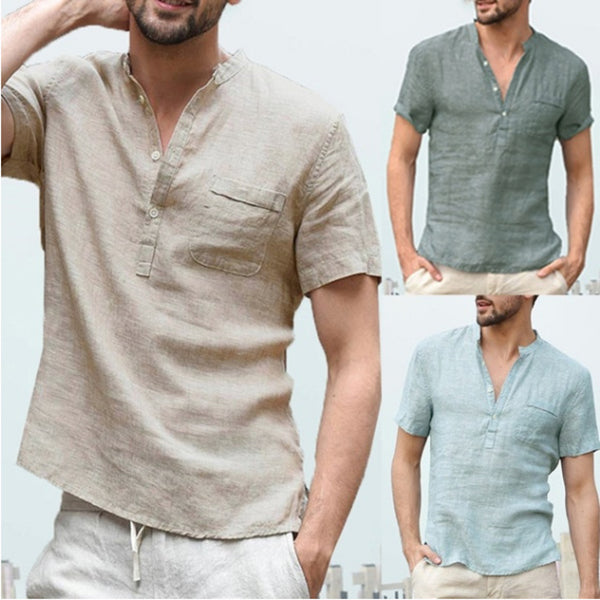 Men's Casual Linen V-Neck Beach Shirt - Summer Tops