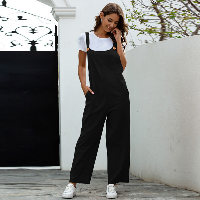 Women's Cotton Long Overalls with Pockets - Fashion Jumpsuit