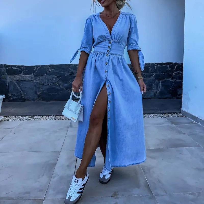 V-neck Denim Dress - Spring Summer Collection