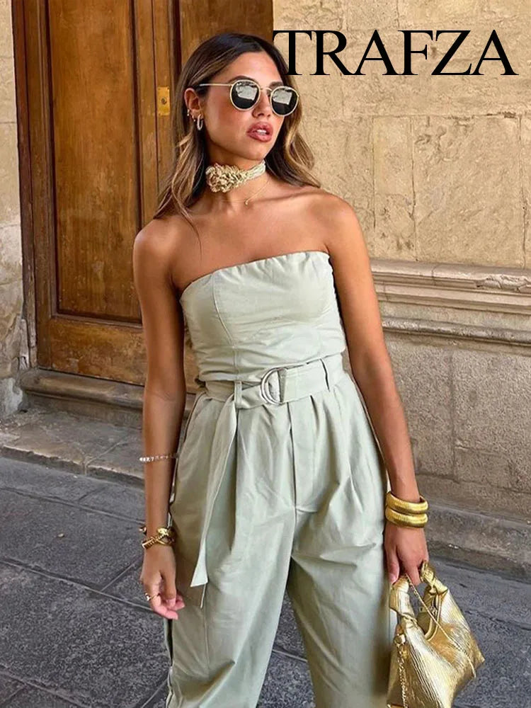 TRAFZA Female Streetwear Jumpsuit Green