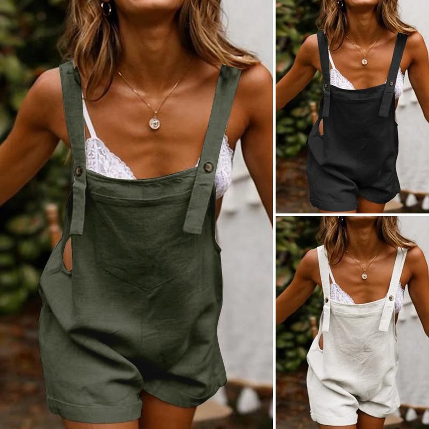 Women Boho Solid Color Square Collar Sleeveless Rompers