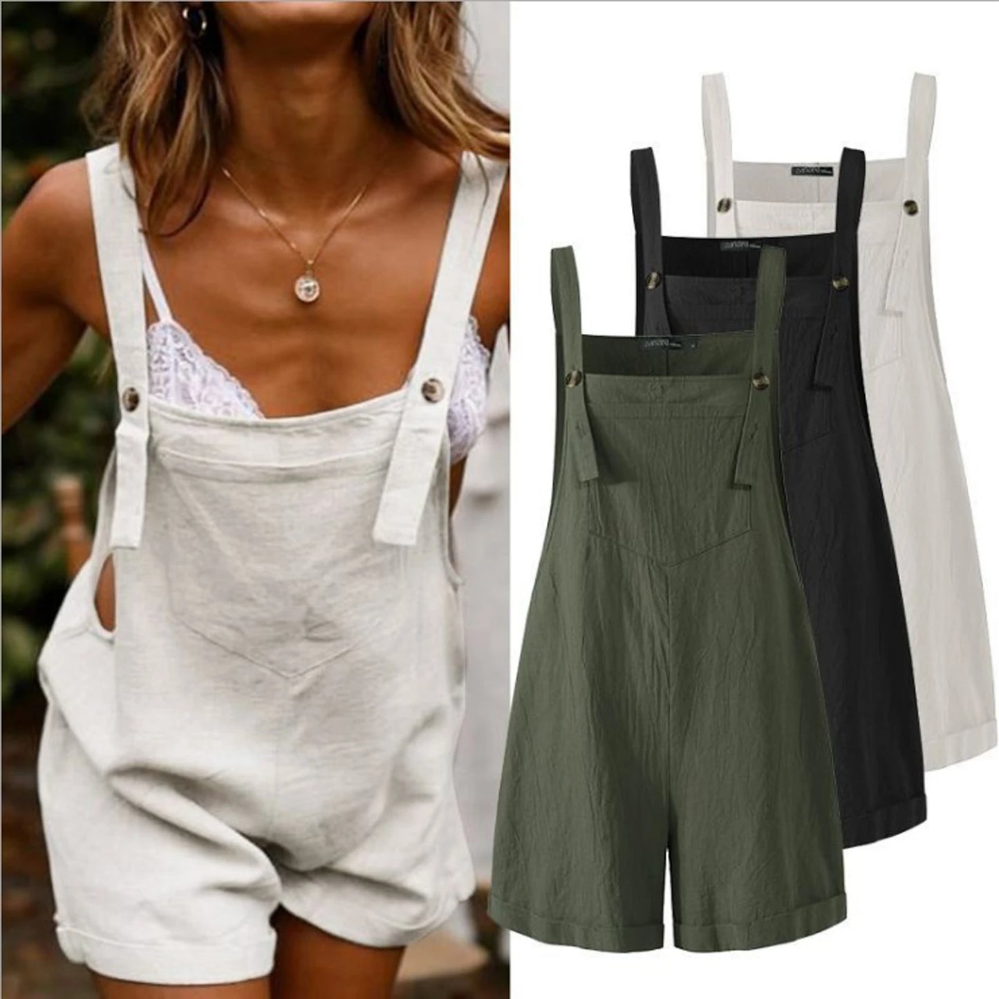 Women Boho Solid Color Square Collar Sleeveless Rompers