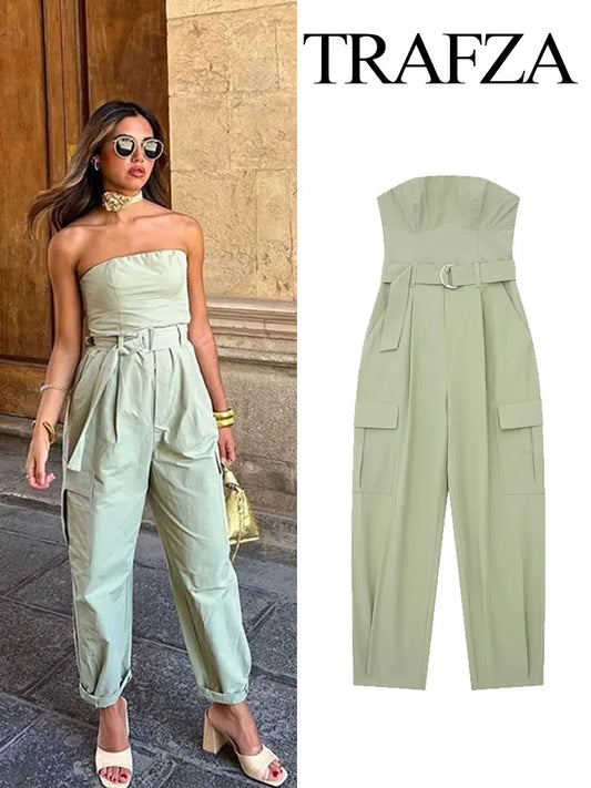 TRAFZA Female Streetwear Jumpsuit Green