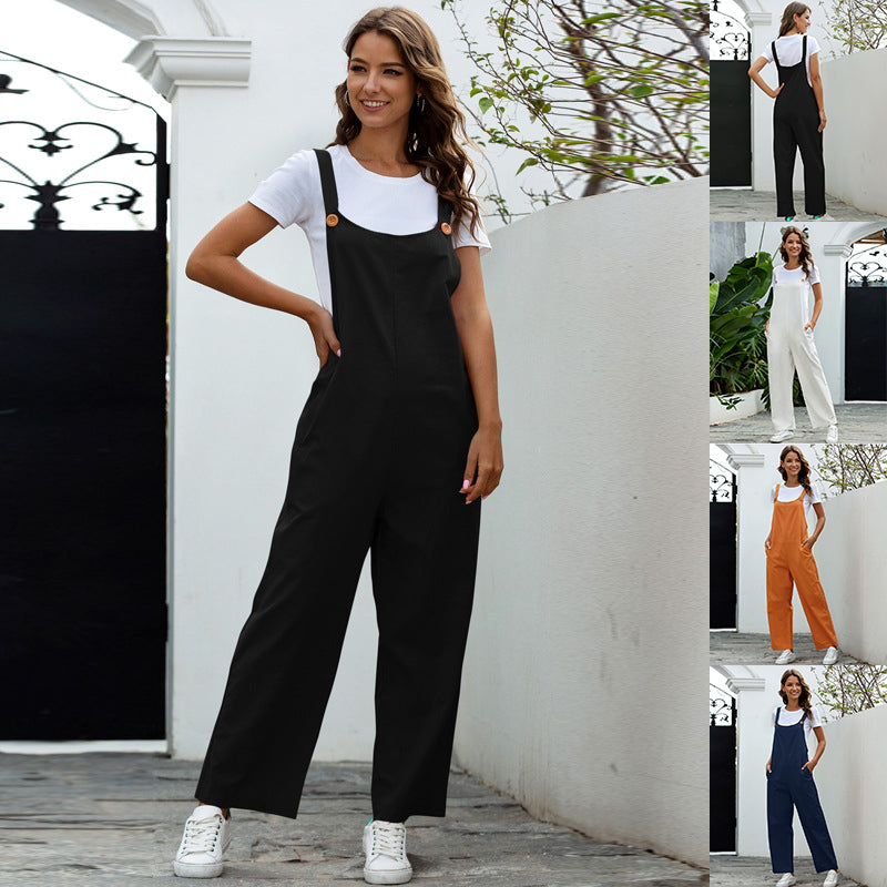 Women's Cotton Long Overalls with Pockets - Fashion Jumpsuit