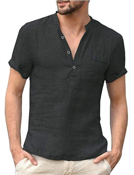 Men's Casual Linen V-Neck Beach Shirt - Summer Tops